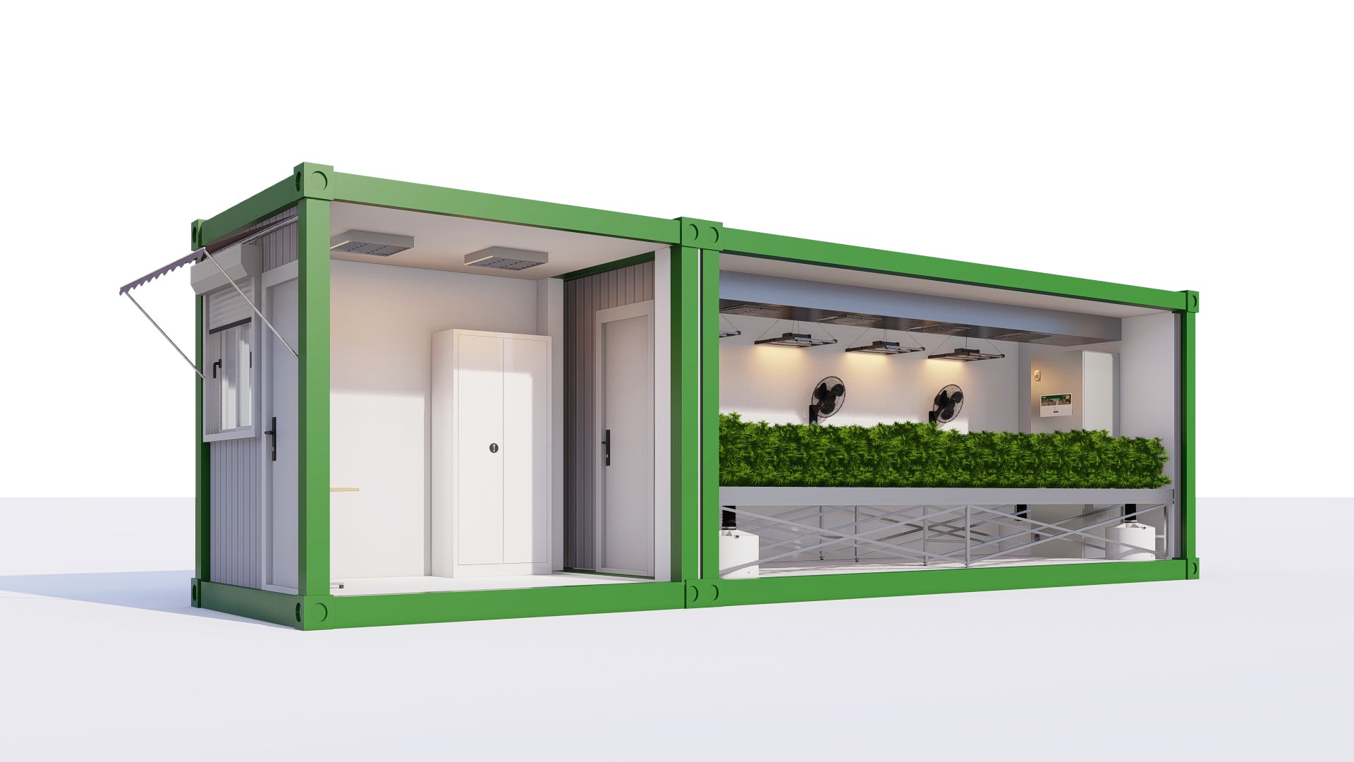 Cannabis-Anbau-Container mit 15 m² Anbaufläche und zusätzlichem Modul. Container-Modul mit optionaler Hygieneschleuse oder Ausgabetheke.