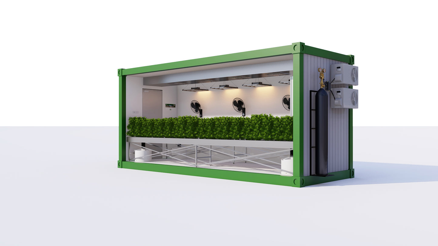 Cannabis-Anbau-Container, Ansicht von hinten. Container mit 15 m² Anbaufläche, acht Anbaulampen, Ventilatoren, vollautomatisierter Schaltung und Steuerung. Mit Belüftungssystem und CO₂-Steuerungsanlage.